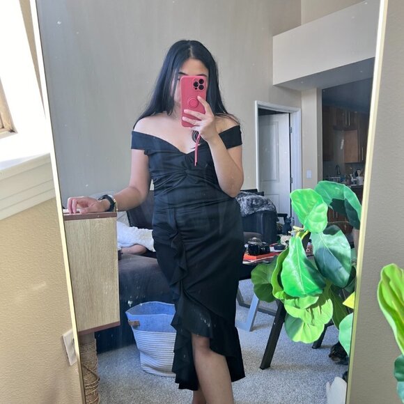 CBR Black Off The Shoulder Bodycon Ruffle Midi Dress M​​​​​​​​​​​​​​​​​ - Picture 1 of 8